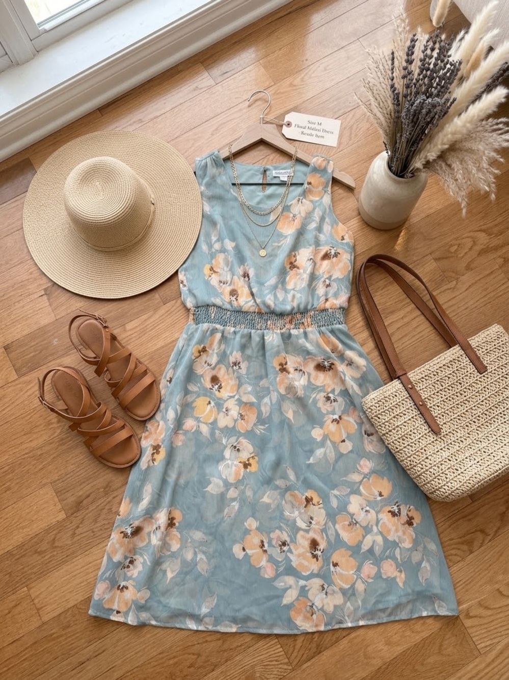 Coldwater Creek Pastel Blue Floral Smocked Waist Sundress
